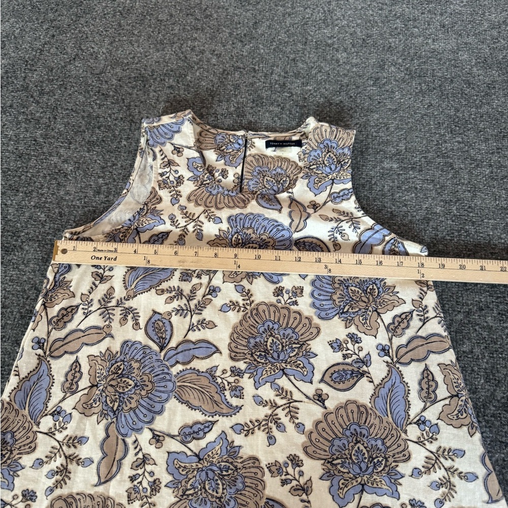 TOMMY HILFIGER Women’s 6 Linen Blend Sleeveless Dress Ruffle Hem Beige/Blues - Picture 10 of 14